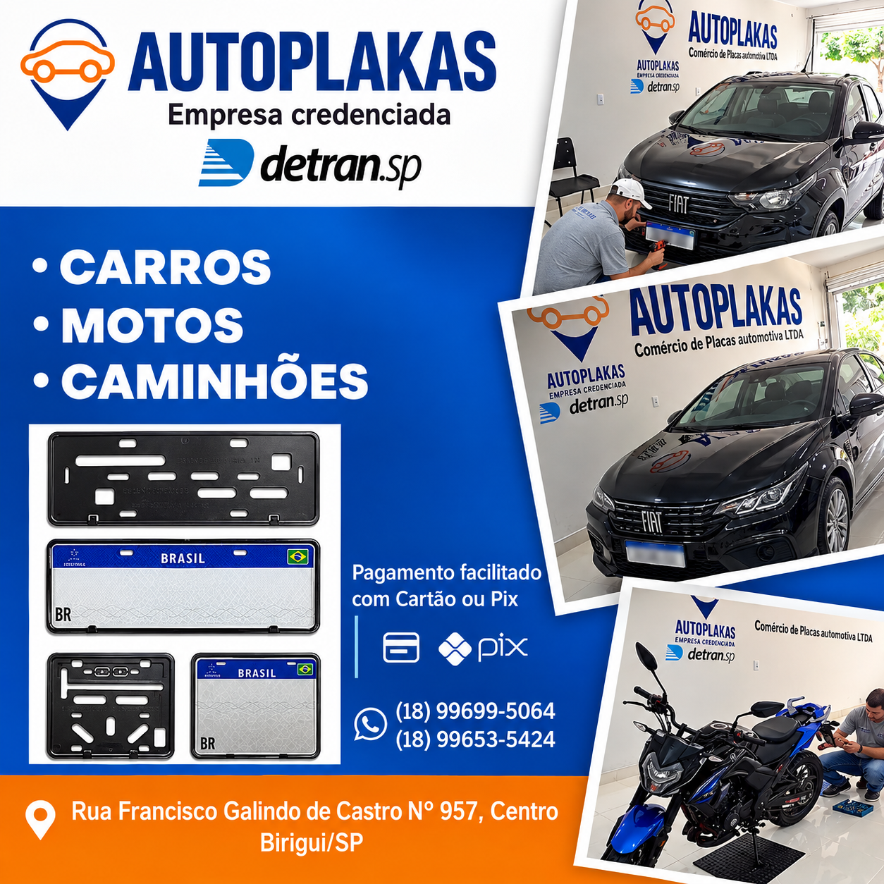 Apresentação da Autoplakas com fotos de atendimento, veículos e placas